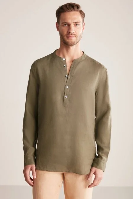 Saf Keten Haki Hakim Yaka Gömlek