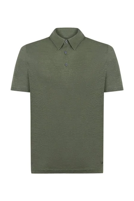 Saf Keten Haki Polo Yaka T-Shirt