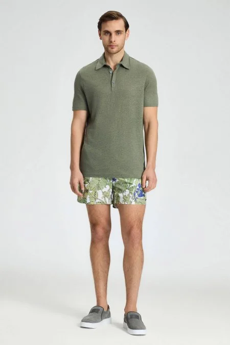 Saf Keten Haki Polo Yaka T-Shirt