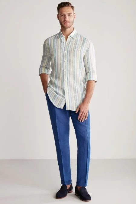 Saf Keten İndigo Pileli Pantolon