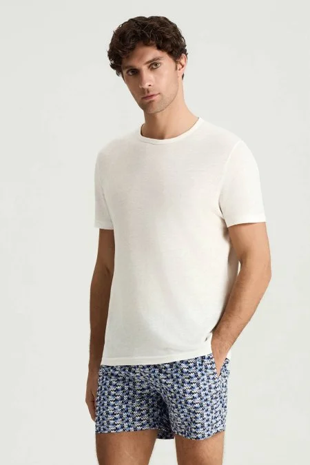 Saf Keten Kırık Beyaz Bisiklet Yaka T-Shirt