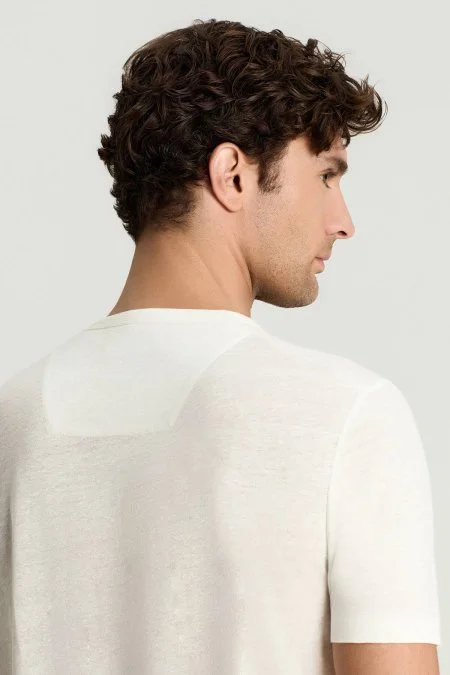 Saf Keten Kırık Beyaz Bisiklet Yaka T-Shirt