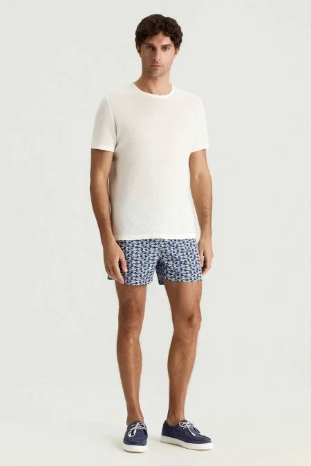 Saf Keten Kırık Beyaz Bisiklet Yaka T-Shirt