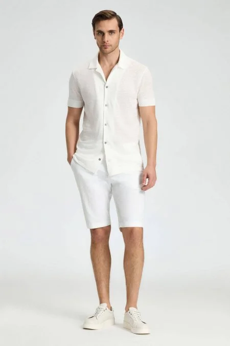 Saf Keten Kısa Kollu Beyaz Gömlek