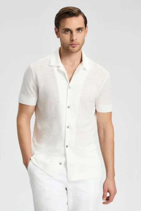 Saf Keten Kısa Kollu Beyaz Gömlek