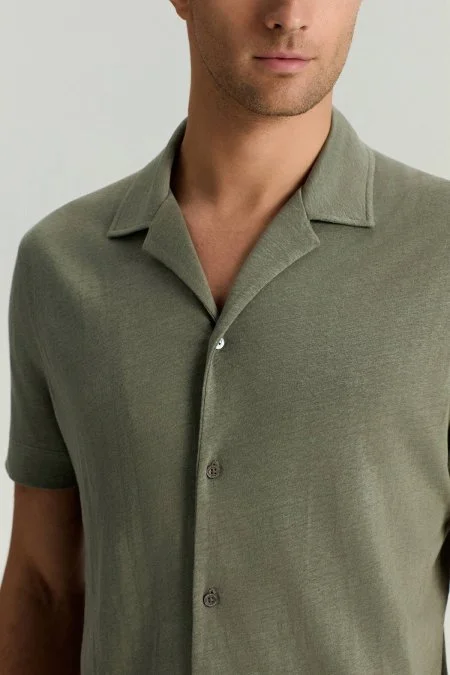 Saf Keten Kısa Kollu Haki Gömlek