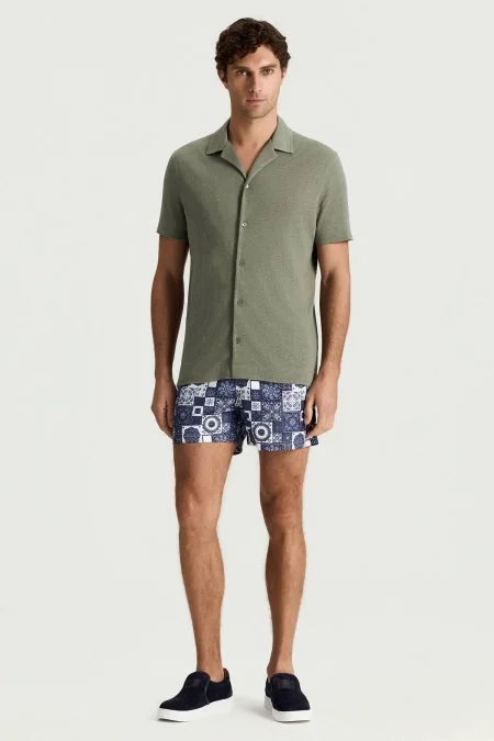 Saf Keten Kısa Kollu Haki Gömlek