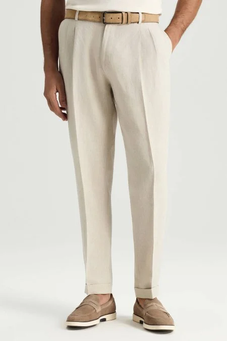 Saf Keten Krem Rengi Pileli Pantolon