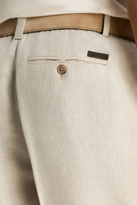 Saf Keten Krem Rengi Pileli Pantolon