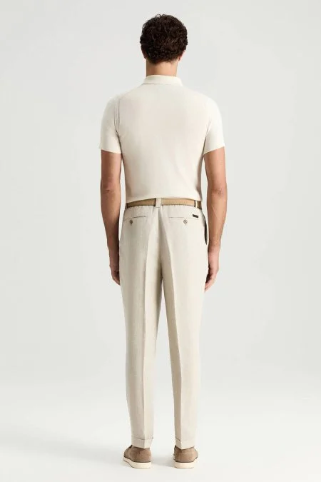 Saf Keten Krem Rengi Pileli Pantolon