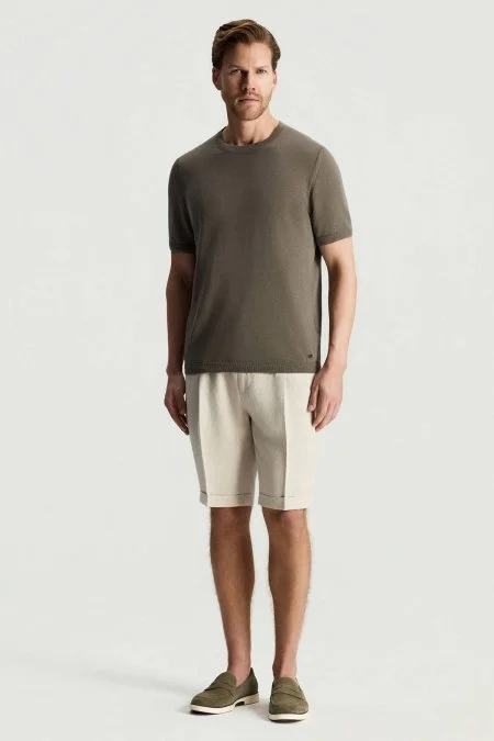 Saf Keten Krem Pileli Şort