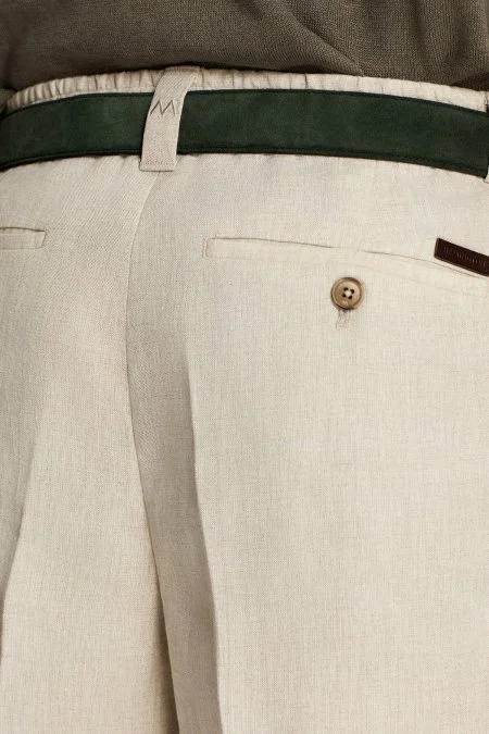 Saf Keten Krem Pileli Şort