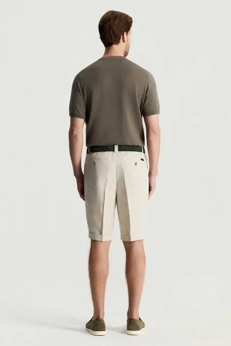 Saf Keten Krem Pileli Şort