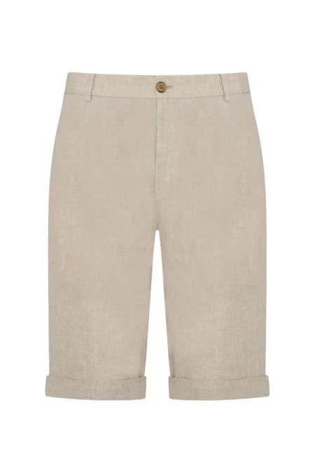 Saf Keten Krem Pileli Şort