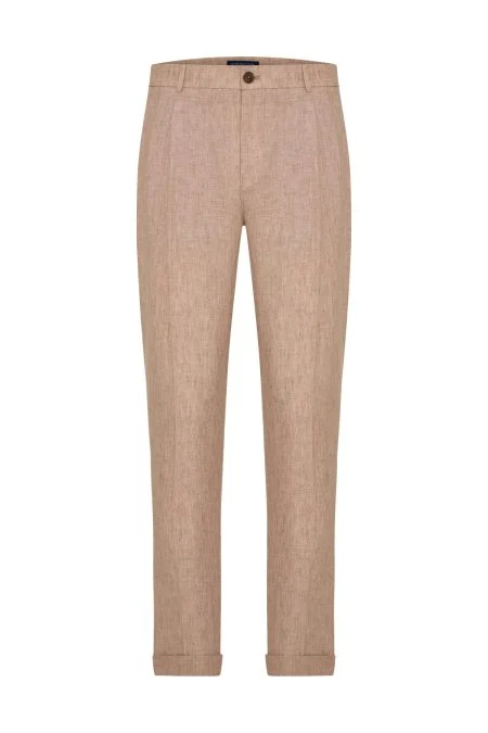 Saf Keten Kum Rengi Pileli Pantolon