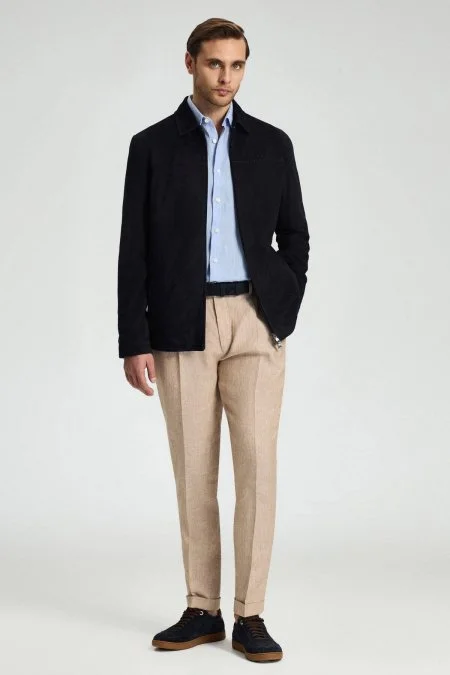 Saf Keten Kum Rengi Pileli Pantolon