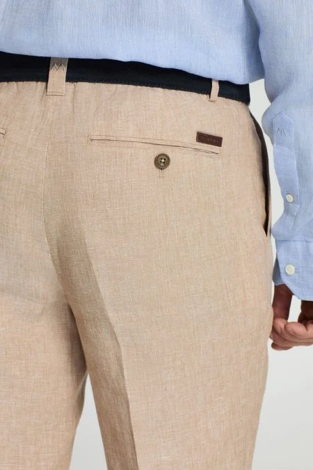 Saf Keten Kum Rengi Pileli Pantolon