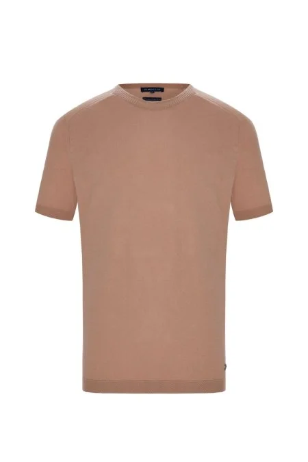 Saf Keten Kum Rengi Bisiklet Yaka T-Shirt