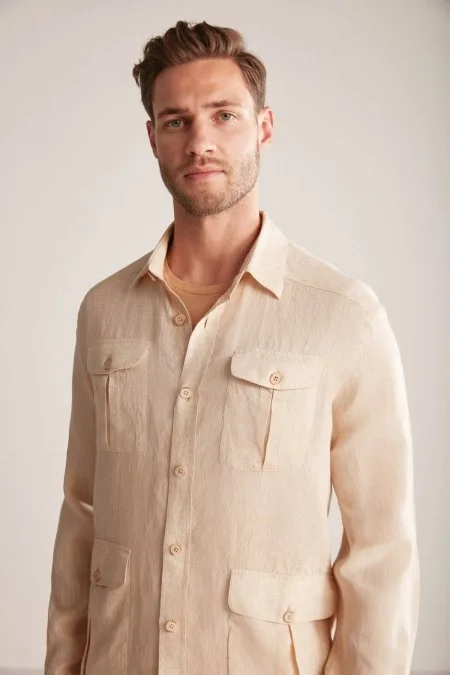 Saf Keten Kum Rengi Dış Giyim Gömlek