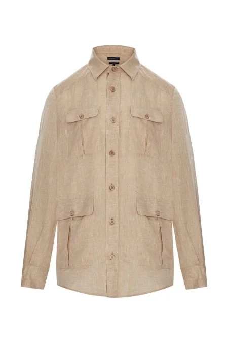 Saf Keten Kum Rengi Dış Giyim Gömlek