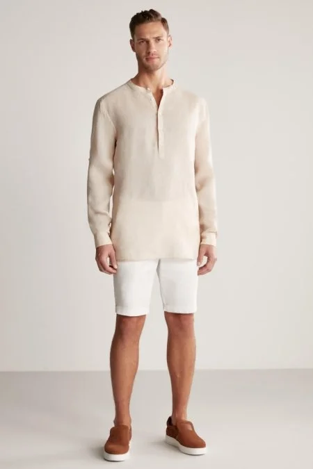 Saf Keten Kum Rengi Hakim Yaka Gömlek