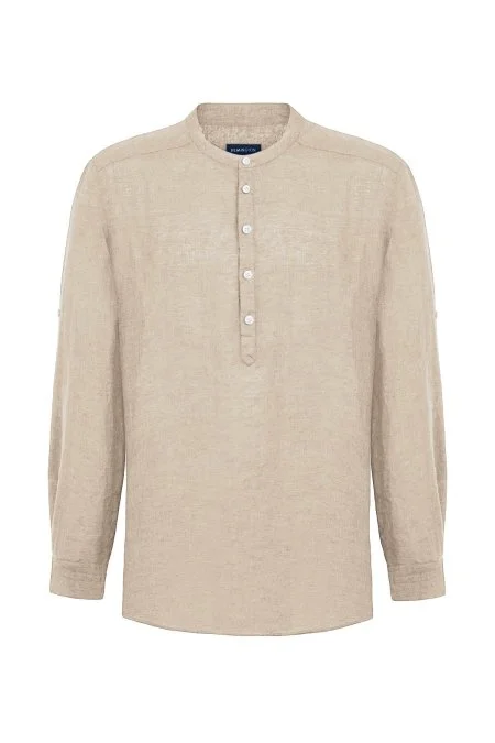 Saf Keten Kum Rengi Hakim Yaka Gömlek