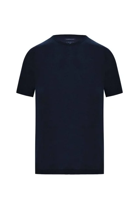 Saf Keten Lacivert Bisiklet Yaka T-Shirt