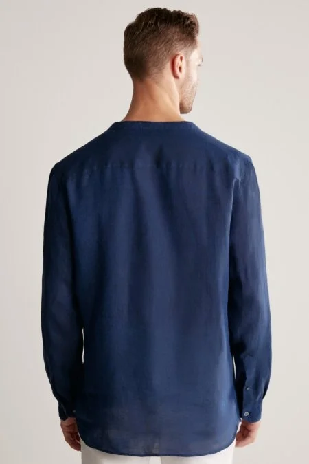 Saf Keten Lacivert Hakim Yaka Gömlek