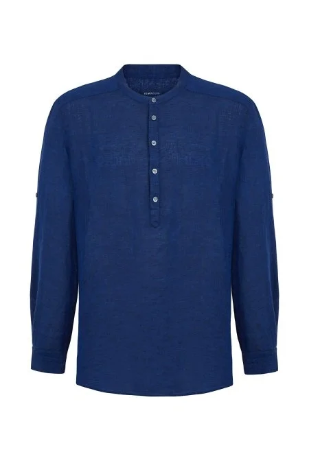 Saf Keten Lacivert Hakim Yaka Gömlek
