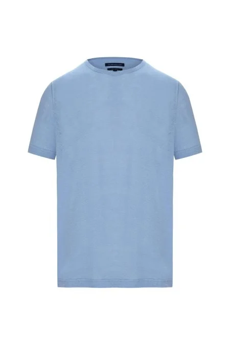 Saf Keten Mavi Bisiklet Yaka T-Shirt