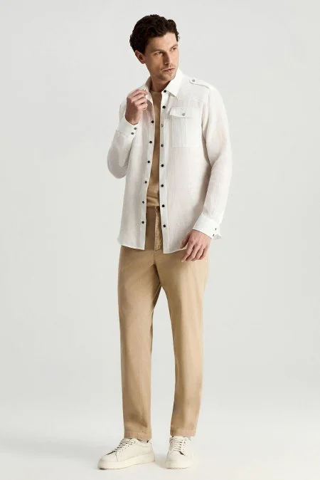 Saf Keten Metal Düğmeli Beyaz Safari Gömlek