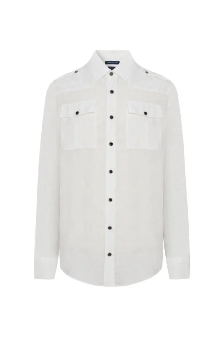 Saf Keten Metal Düğmeli Beyaz Safari Gömlek