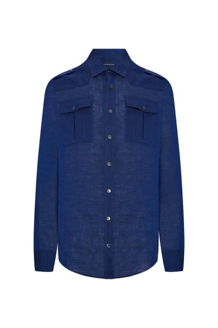 Saf Keten Metal Düğmeli Lacivert Safari Gömlek