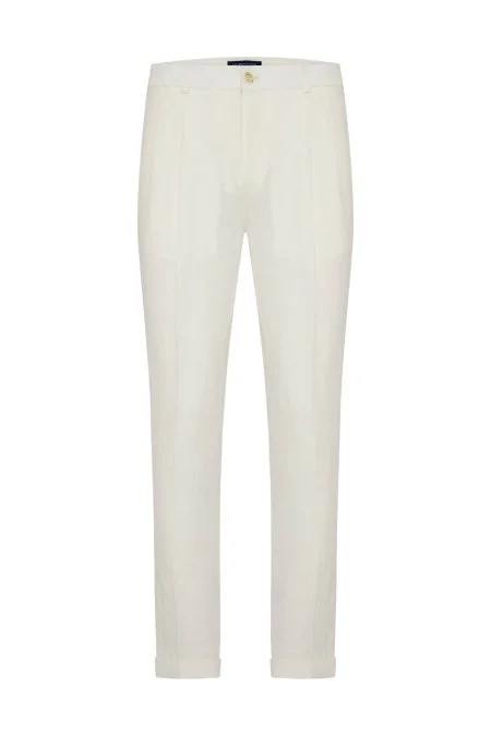 Saf Keten Beyaz Pileli Pantolon