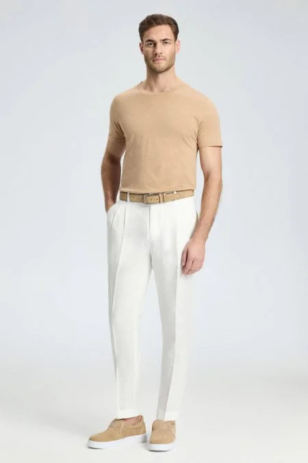 Saf Keten Beyaz Pileli Pantolon