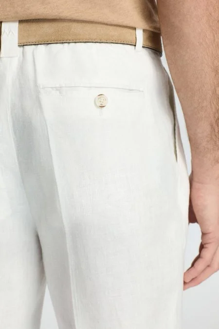 Saf Keten Beyaz Pileli Pantolon