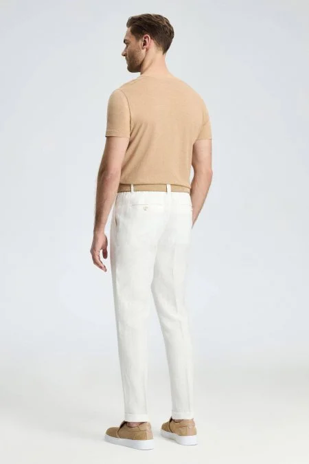 Saf Keten Beyaz Pileli Pantolon