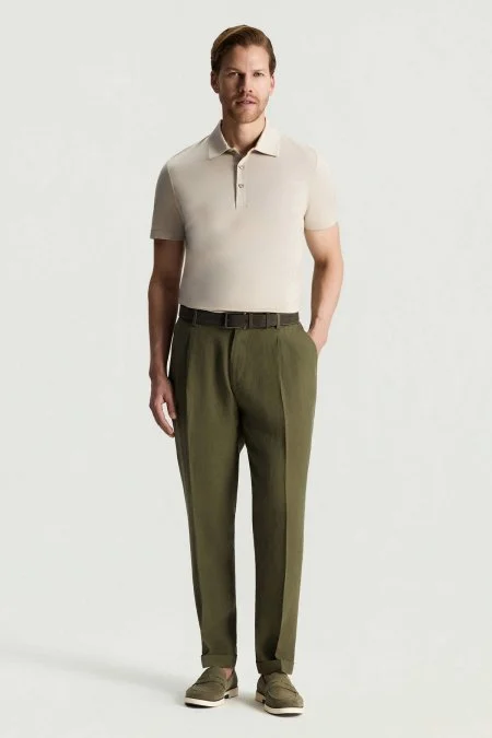 Saf Keten Haki Pileli Pantolon