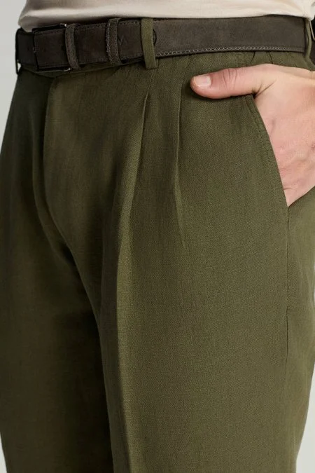 Saf Keten Haki Pileli Pantolon