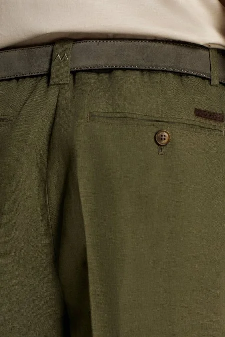 Saf Keten Haki Pileli Pantolon