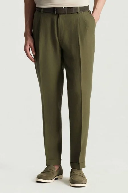 Saf Keten Haki Pileli Pantolon