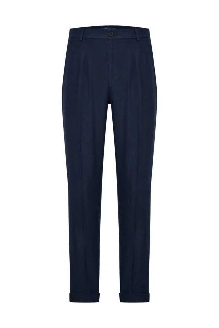 Saf Keten Lacivert Pileli Pantolon