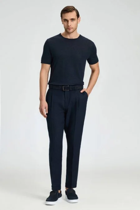 Saf Keten Lacivert Pileli Pantolon