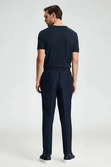 Saf Keten Lacivert Pileli Pantolon