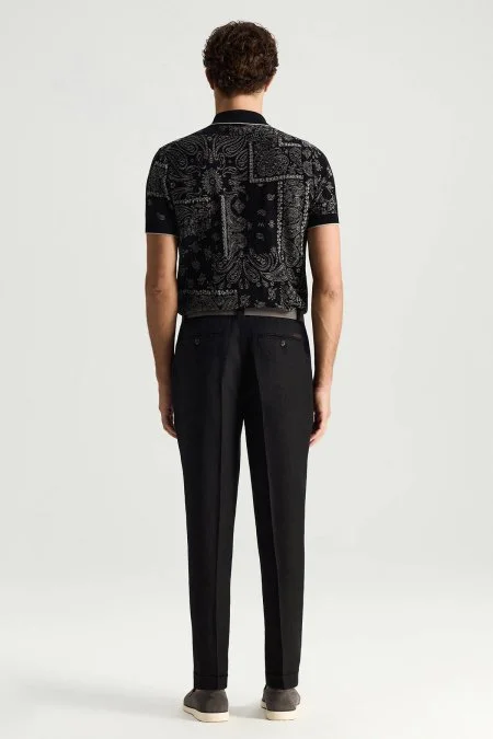 Saf Keten Siyah Pileli Pantolon