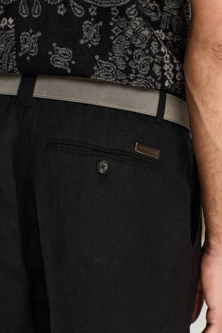 Saf Keten Siyah Pileli Pantolon