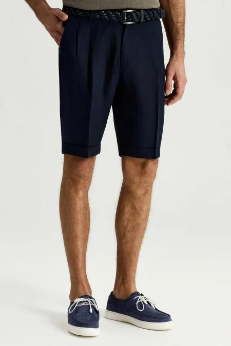 Saf Keten Lacivert Pileli Şort