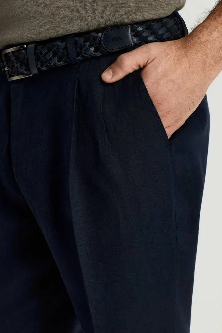 Saf Keten Lacivert Pileli Şort