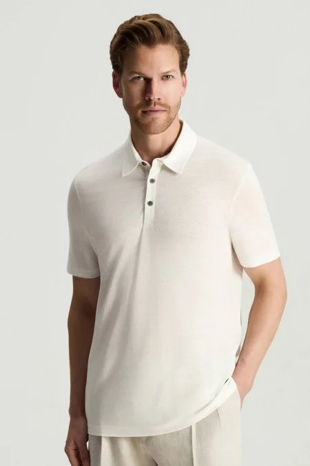 Saf Keten Beyaz Polo Yaka T-Shirt