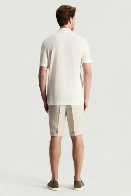 Saf Keten Beyaz Polo Yaka T-Shirt